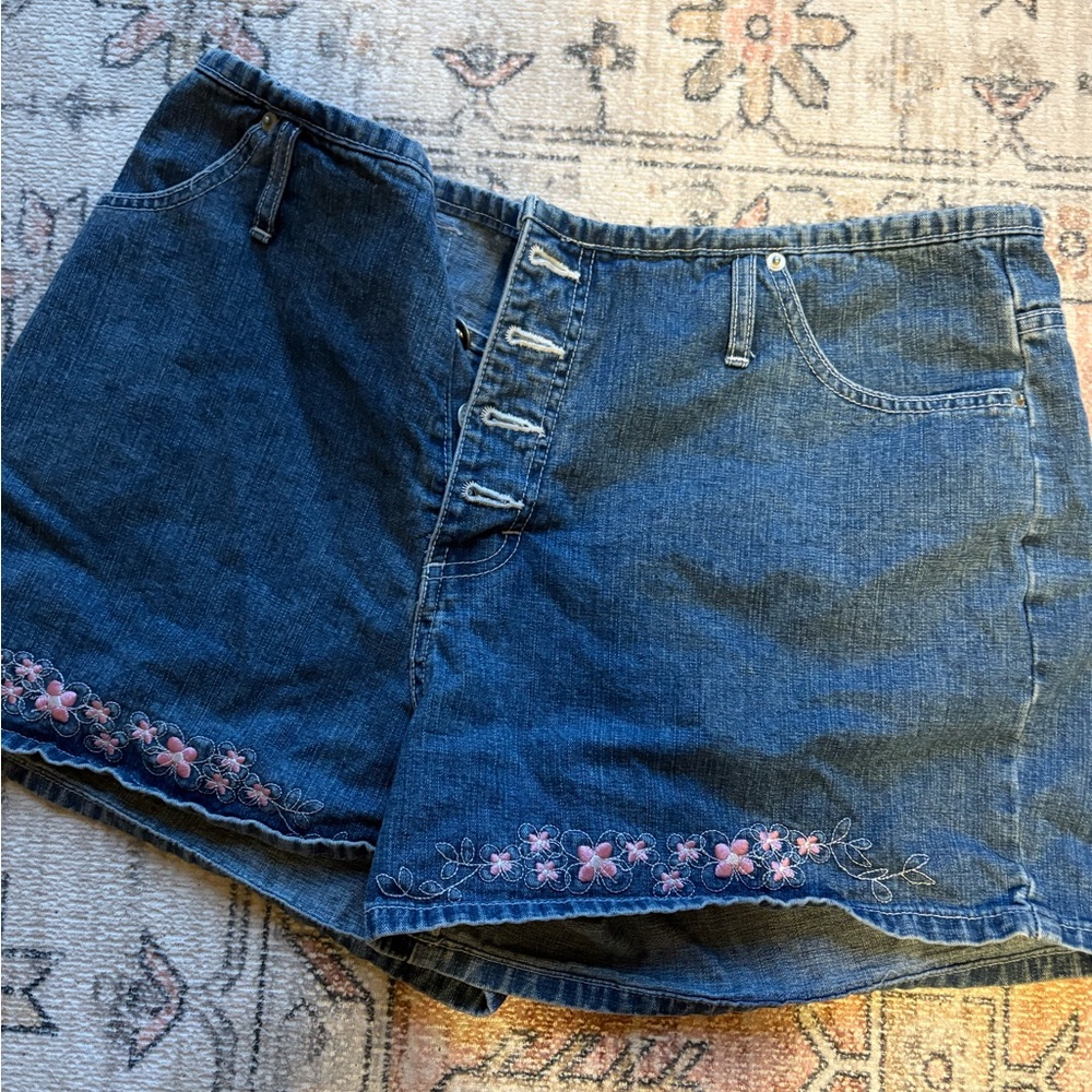 Route 66 Blue and Pink Jean Shorts with Floral Accents